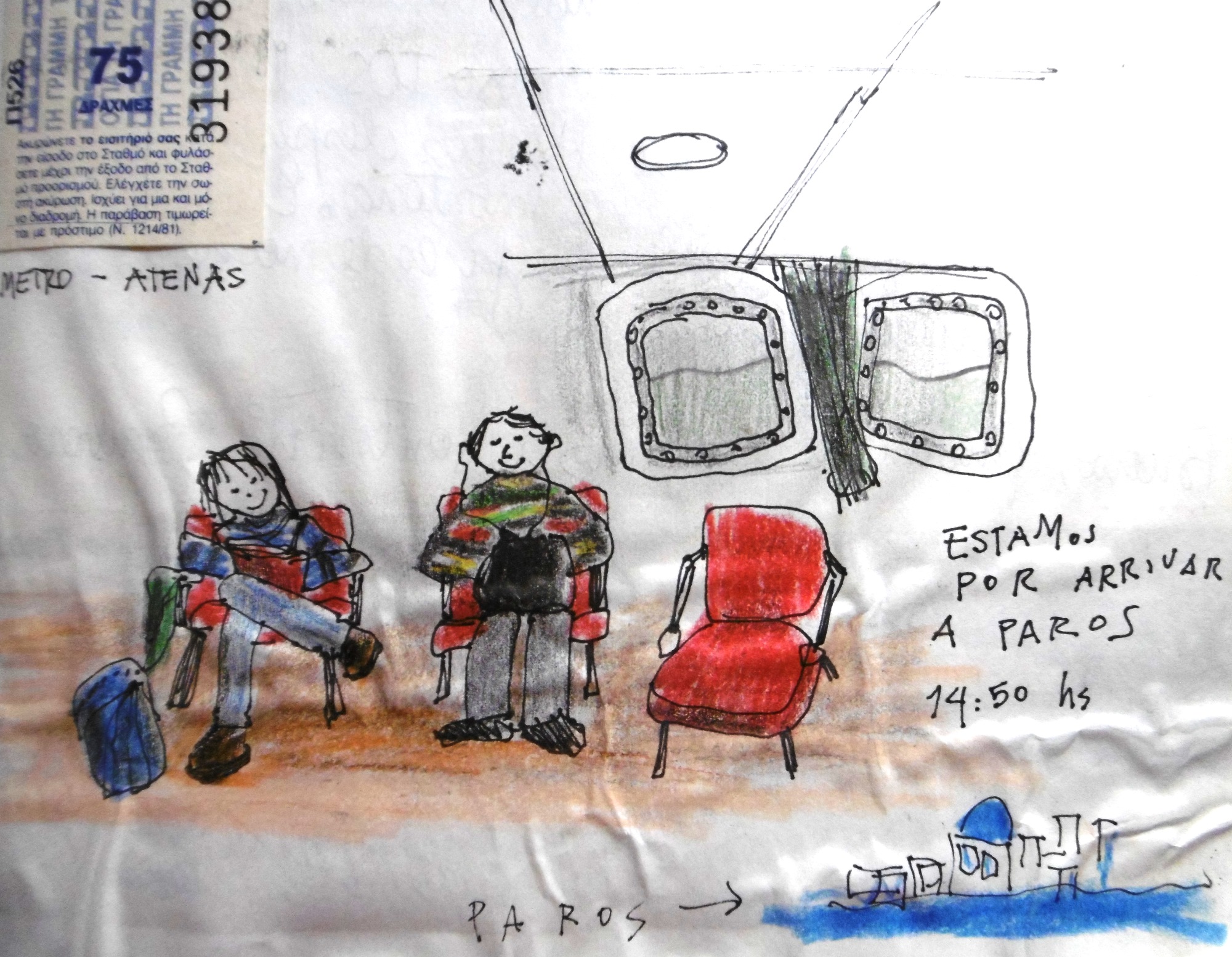 dibujo sillones rojos personas barco